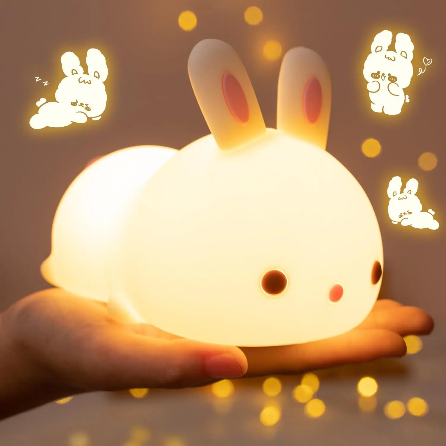 Cute Rabbit Night Light, USB Rechargeable Kids Night Light, Warm and Color Breathing Mode, LED Animal Lamp, Perfect Christmas Gift for Girls