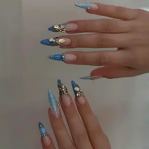 New Design Long Sharp Klein Blue Nail Tips, High-End Gradient Blue Gold Butterfly Press-On Nails, Women's Daily Use Fake Nails