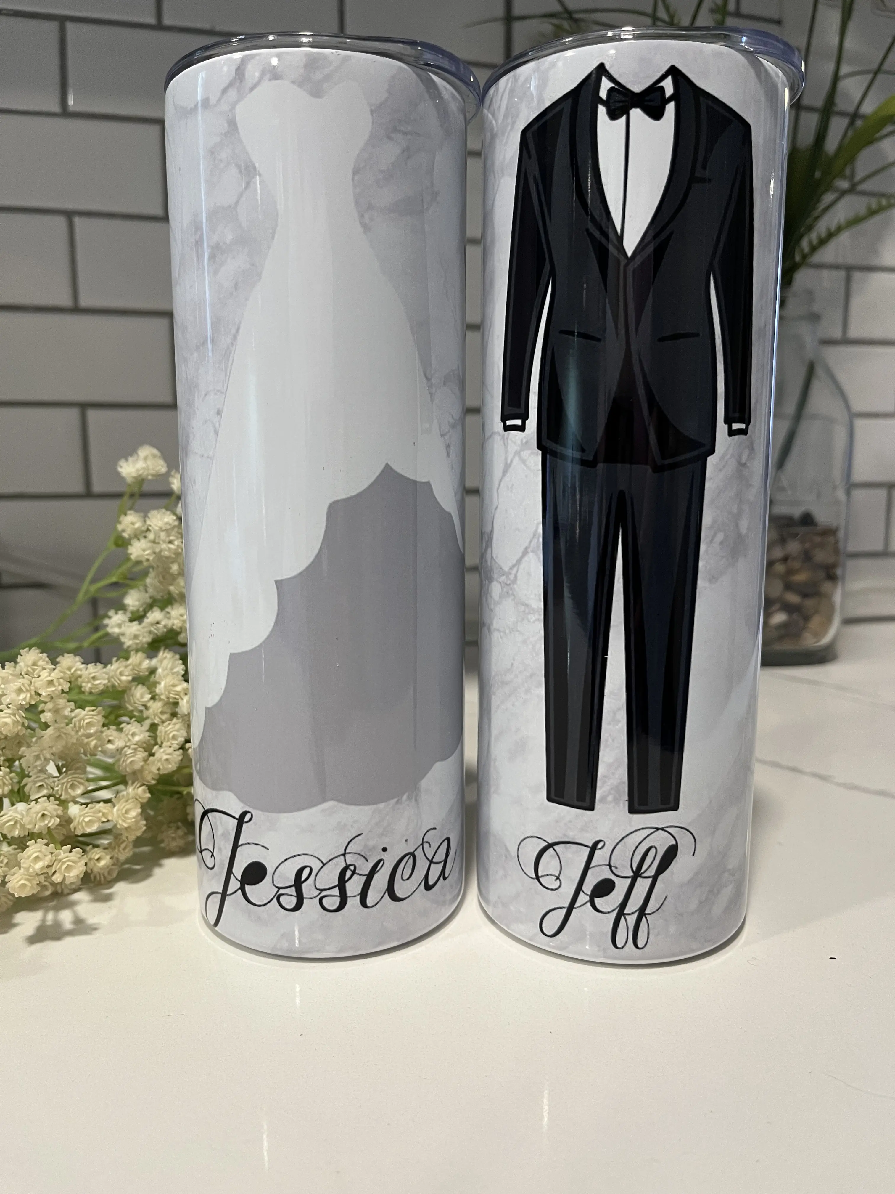 Glittered Bride and Groom Tumbler Set - Stainless Steel Drinkware with Lid and Straw