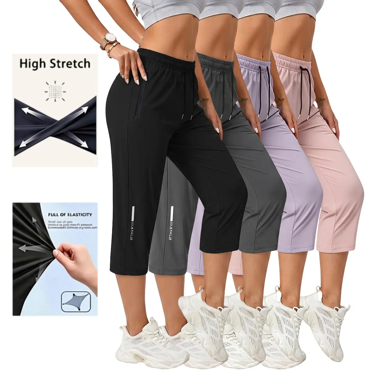 4-pack women’s casual, comfortable loose pants—recommended for summer beach trips and vacations; includes pockets, stretchy fabric, and a summery vibe; seven-eighths length for women. Activewear Athletic,back to school shopping