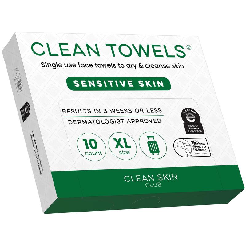Clean Skin Club Sensitive Skin Clean Towels® XL, Travel Pack, Disposable Face Towels Infused with Aloe & Glycerin, Dermatologist and TSA-Approved, Travel Essential for Sensitive & Reactive Skin,10 Ct
