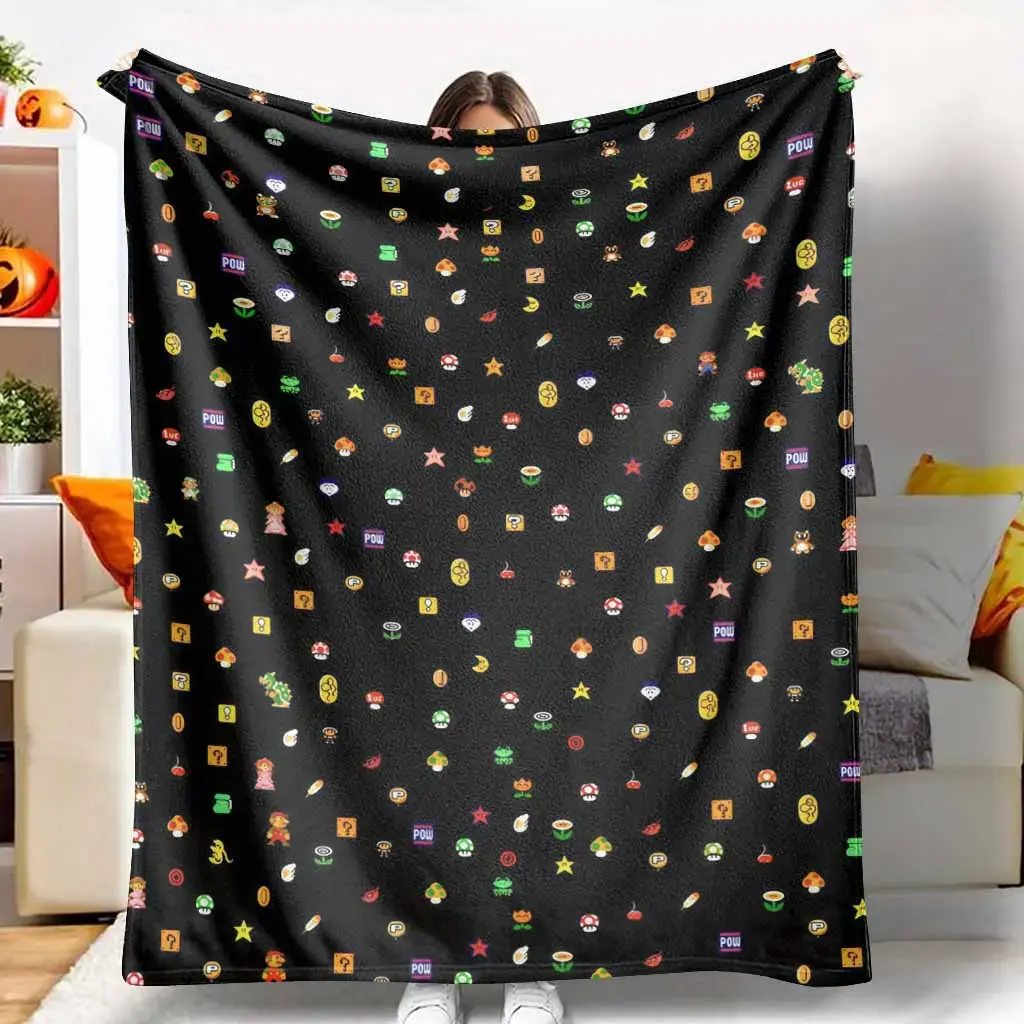 Retro Pixel Art Plush Polyester Flannel Throw Blanket - Arcade Vibes Retro Games Style, Soft Lightweight for Couch & Bed, Living Room Gaming Room Decor Gift