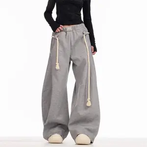 Spring and Autumn New American Retro Sports  Female Loose Wide Leg Matchet  Casual Sweatpants Straight Mopping  Suits Baggy Plus Size Ruched Front Zipper Pants Elastic Waist Workout Women's Capri with Pockets high-waisted Wide-Leg Wool brenay