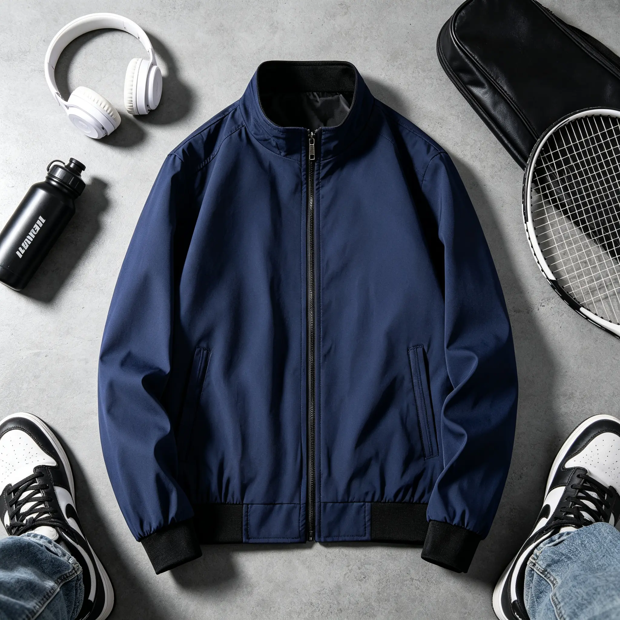 Men's Navy Blue Contrast Trim Zip Up Jacket Casual Fit Lightweight Outerwear #MensFashion #CasualFit #LightweightJacket #EverydayWear