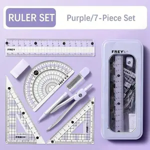 Ruler Set with Storage Box, Measuring Ruler, 7 Counts/set Including Compass & Ruler & Protractor & Eraser & Refill, Multifunctional Stationery Supplies for School Students Dormitory Home Office