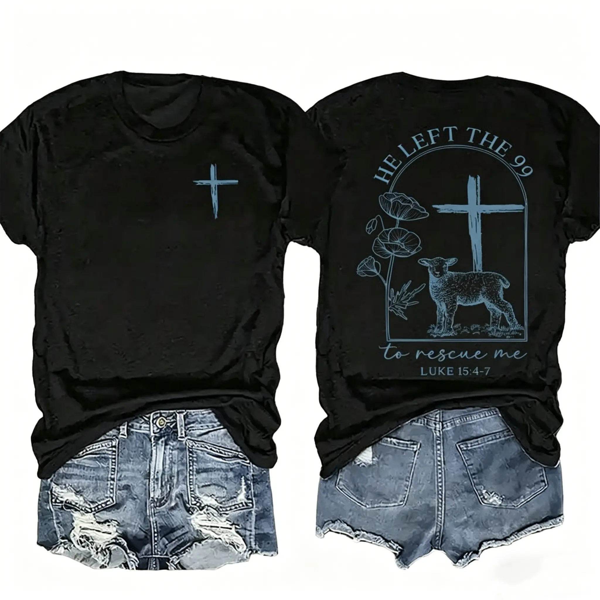 Women's Smooth Everyday Essential Simple Short-Sleeve T-Shirt - 180G Solid Color, Round Neck, Double-Sided Cross & Sheep Bible Story Print, Bible Chapter Reference, Shortsleeve