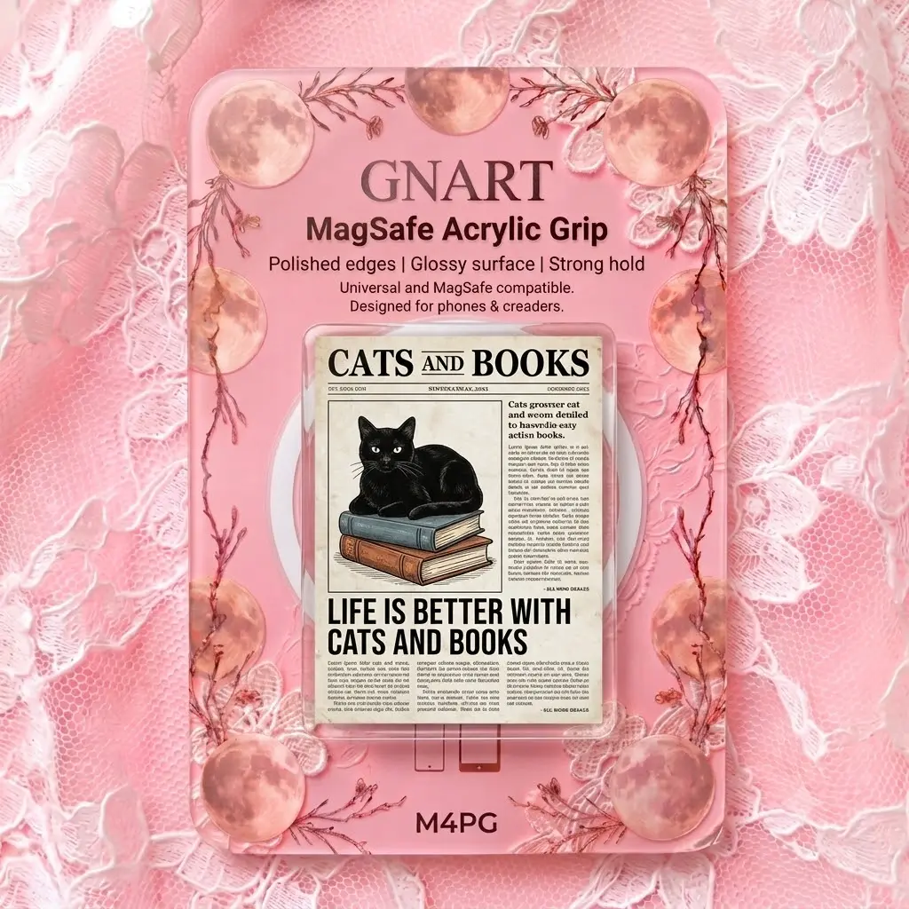 Life Is Better With Cats and Books Phone Grip, Black Cat Reading Design, Pink Celestial Acrylic Phone Holder, Magnetic Phone Accessory, Gift for Bookworm and Cat Lover