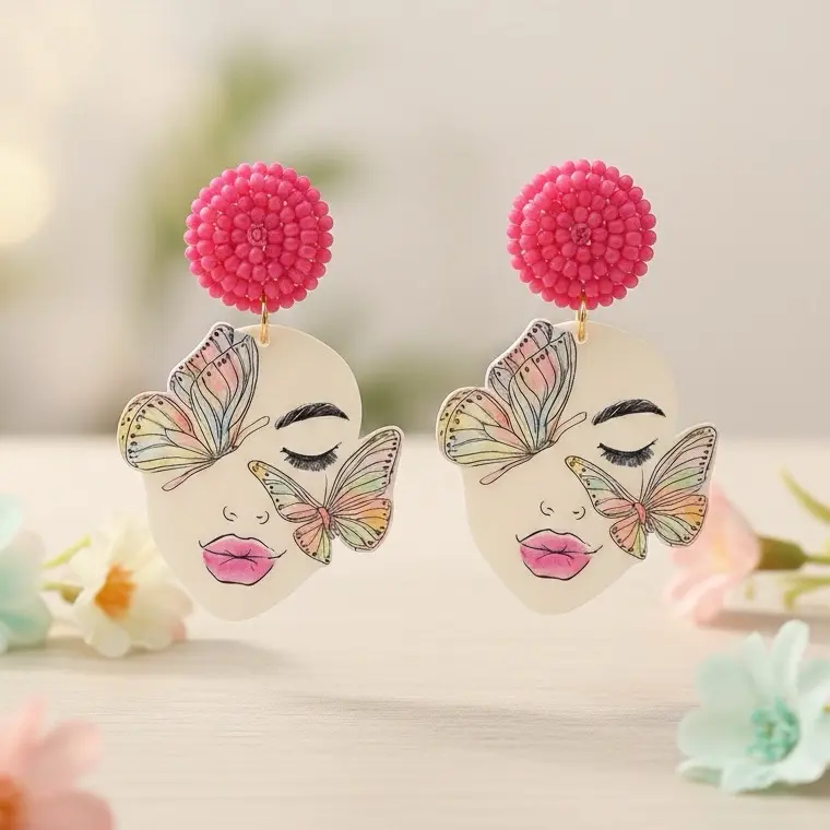 Butterfly Earrings with Pink Beaded Balls and Colorful Butterfly Design for Women's Fashion