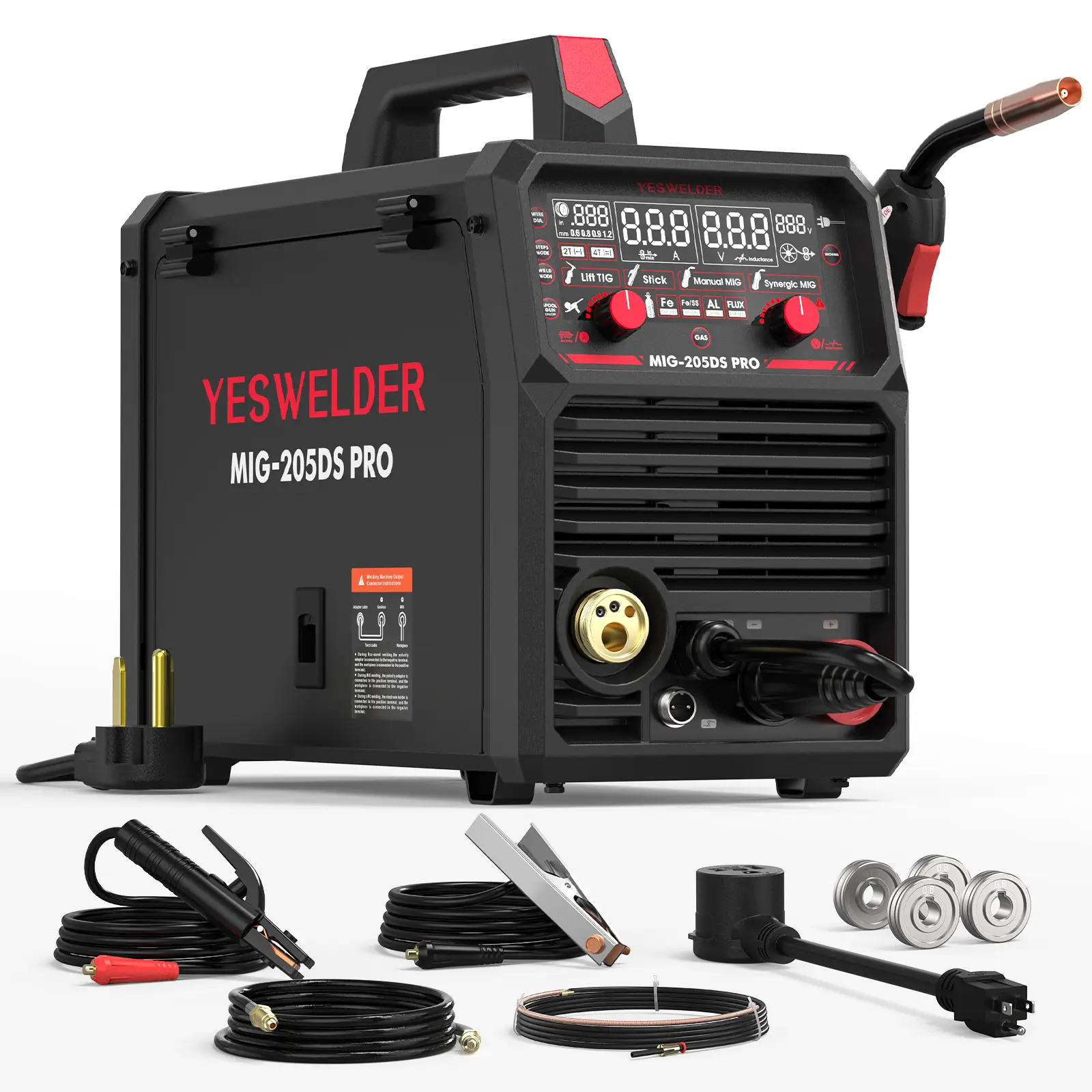 YESWELDER MIG-205DS-PRO Aluminum MIG Welder | 205Amp & 110/220V Dual Volts, Synergic MIG | Gas/Flux Core/Spool Gun/Lift TIG/Stick Multiprocess Digital