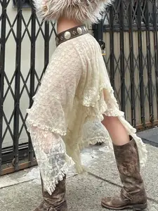 Women's Solid Asymmetrical Hem Frill Trim Sheer Lace Midi Skirt, Boho Style Layered Elastic Waist Skirt for Daily Wear, Ladies' Summer Clothes