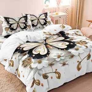 3pcs Black Gold Butterfly Print Duvet Cover Set. White Floral Bedding Used For Family Bedrooms Dormitories Hotels (1 Duvet Cover + 2 Pillowcases No Comforter No Pillow)