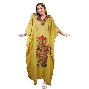 Women's Kaftan Maxi Dress, Canary Yellow Embroidered Caftans L-2XL