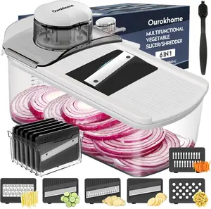 Vegetable Mandolin Slicer, Hand Safe Kitchen Food Shredder with 6 Mandoline Blades, Veggie Waffle Cutter for Potato, Carrot, Zucchini, Onion, Essential Kitchen Gadgets (6 in 1, White)