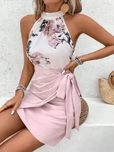 Women's Summer Holiday Leisure Floral Print Splice Wrap-Around Neck Tie Dress,Summer Dresses For Women,Pastel Dresses For Women Chic Vacation Casual Resort