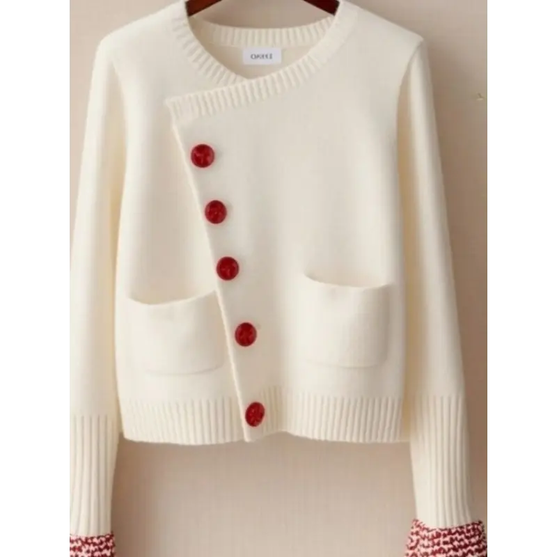 Women's Korean Minimalist Chic Cardigan - Asymmetrical Red button front, Cropped Jacket for Office & Everyday - Soft Sweater, Machine Washable Layering Piece - SCSCTO, Winter Wardrobe, Modern Knitwear, Durable Construction, Stylish Outerwea