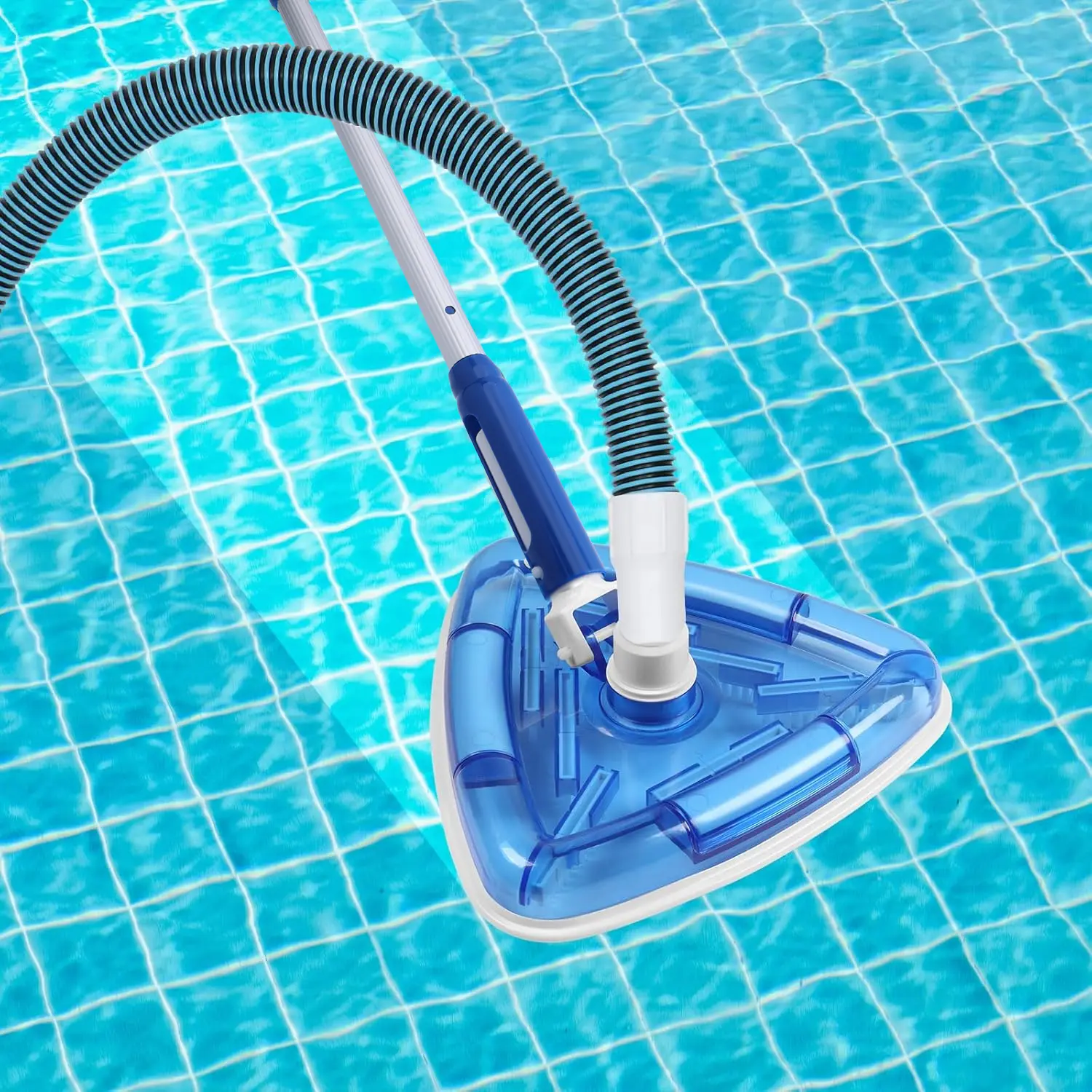 Manual Pool Vacuum Set: Head Attachment + Cleaning Pole For Inground & Above Ground Pools | Weighted Clear Triangle Suction Head With Bristles, Pool Cleaning Equipment, Deep Clean