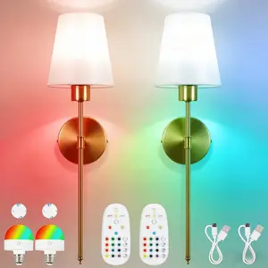 2 Pieces Black/Gold Wall Lamp | Removable Rechargeable Battery 3000K-6000K 10 Color Temperature Stepless Dimming Memory Timer | Modern Metal Semi-Recessed Mount Linen Lampshade Living Room Bedroom Studio Stairs Hotel Decor lights lamp lights for Bedroom