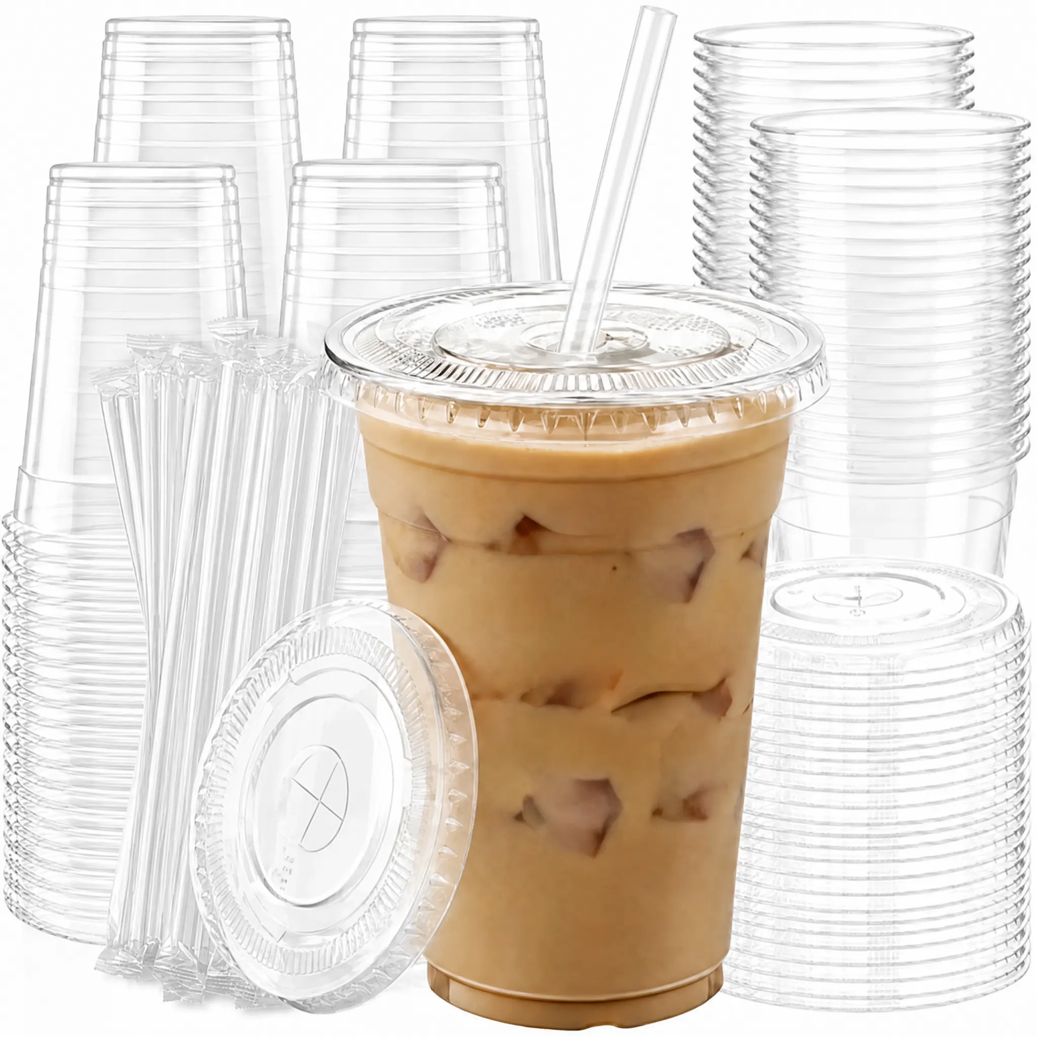 40-Set 500ml Transparent Plastic Cups with Lids & Straws, Disposable Round Base To-Go Cups for Cold Drinks, Ideal for Iced Coffee, Smoothies, Party & Catering Supplies