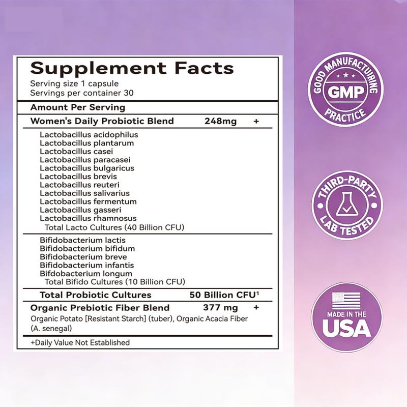GUSUSA Women's Probiotic Capsules - 16 Strains 500 Billion CFU, Natural Moisturizing Relief for Dryness, pH Balance, Supports Gut & Immune Function - Restores Balance from the Inside Out, Sugar-Free Vegan Organic Prebiotic Formula