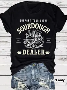 Women's Vintage Sourdough Dealer Print Round Neck Tee, Casual Short Sleeve T-shirt for Summer, Ladies Clothes for Daily Wear, Top