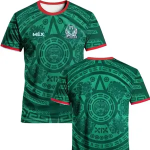 Mexico National Team Aztec Calendar Print Soccer Jersey Gray Red Breathable Quick Dry Short Sleeve for Mexico Fans, Mexican Culture Enthusiasts Latin American Soccer Supporters Collectors