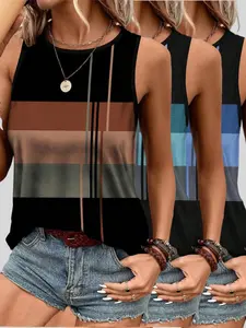 Women's Colorful Striped Print Tank Top, Casual Everyday Sleeveless Round Neck Top for Daily Wear, Ladies Clothes for All Seasons, Womenswear