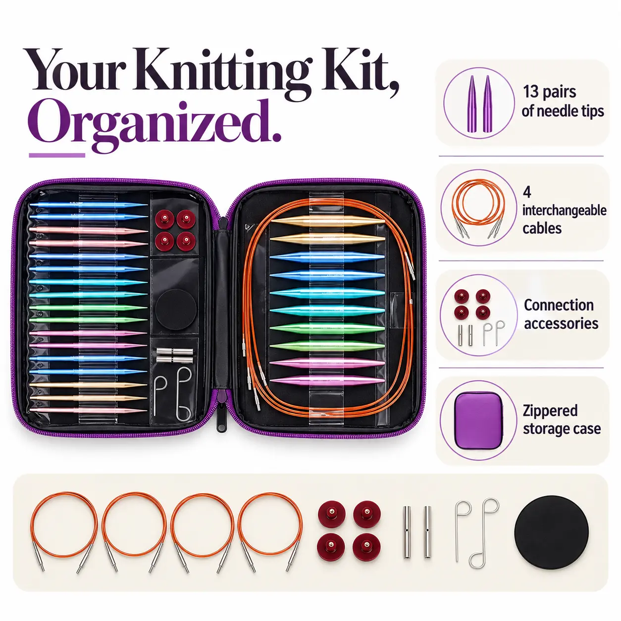 Katech Interchangeable Circular Knitting Needle Set, 13 Pairs 3-10mm Aluminum Tips, 4 Cables, Storage Case & Accessories for Beginners