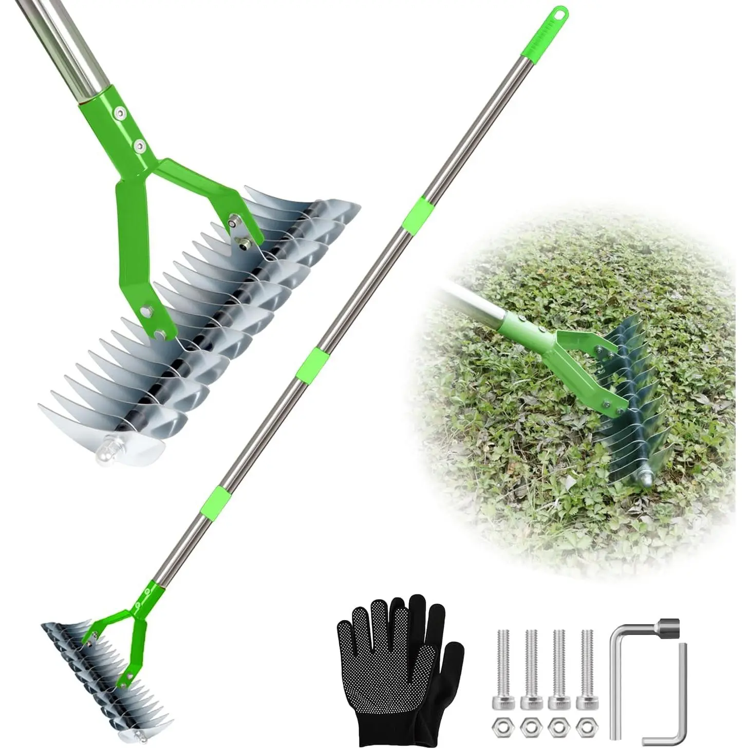 Thatch Rake for Lawn with 65inch Handle, 14 inch Dethatcher Rake for Grass to Cleaning Dead Grass, Efficient Steel Metal Rake for Dethatching, Heavy Duty Thatching Rakes for Garden Yard