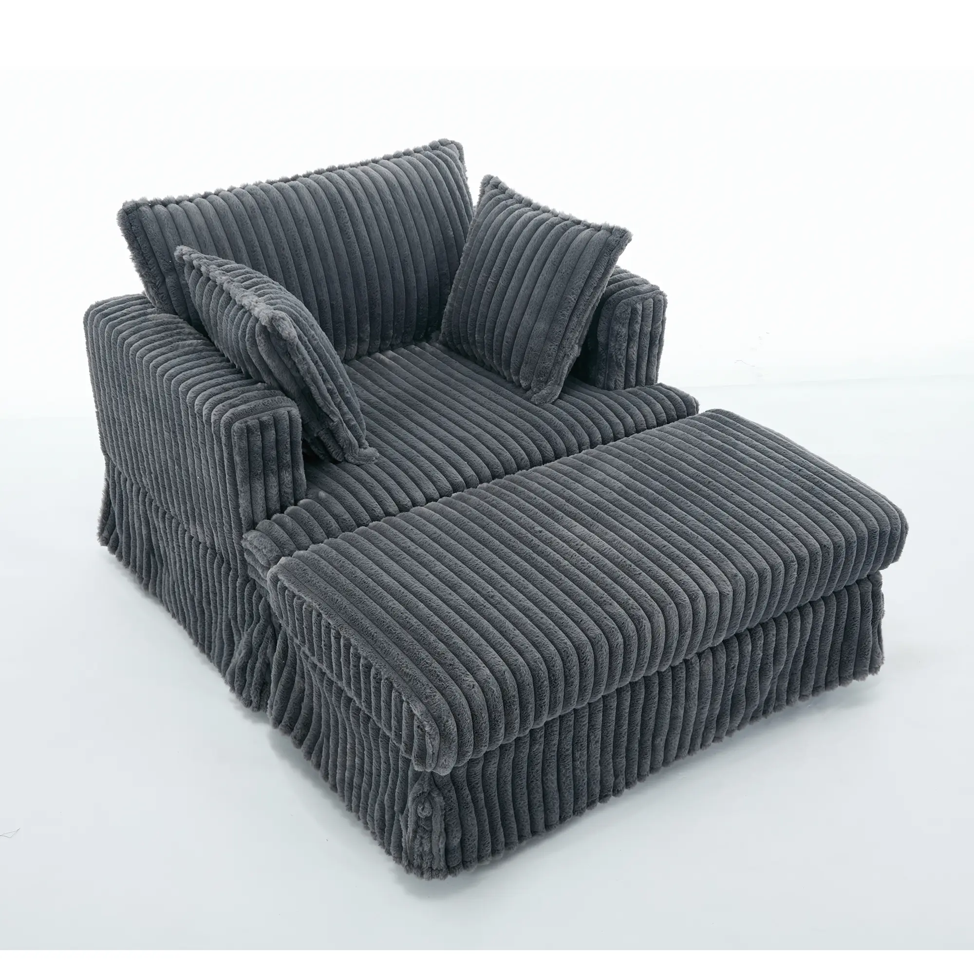 DONEXT Oversized Corduroy Chaise Longue - 47.7" Deep Seat Reclining 1-Seater Sectional Sofa with Ottoman, Compact Easy-to-Use Design, Ribbed Fabric, Fixed Arms, Thick Cushions, Dark Gray Indoor Living Room Furniture