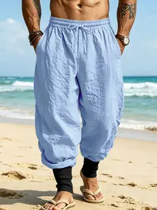 Men's Summer Harrington Pants White Casual Drawstring Loose Fit 95% Linen 5% Polyester Lightweight Breathable Solid Color Resort Style Long Pants