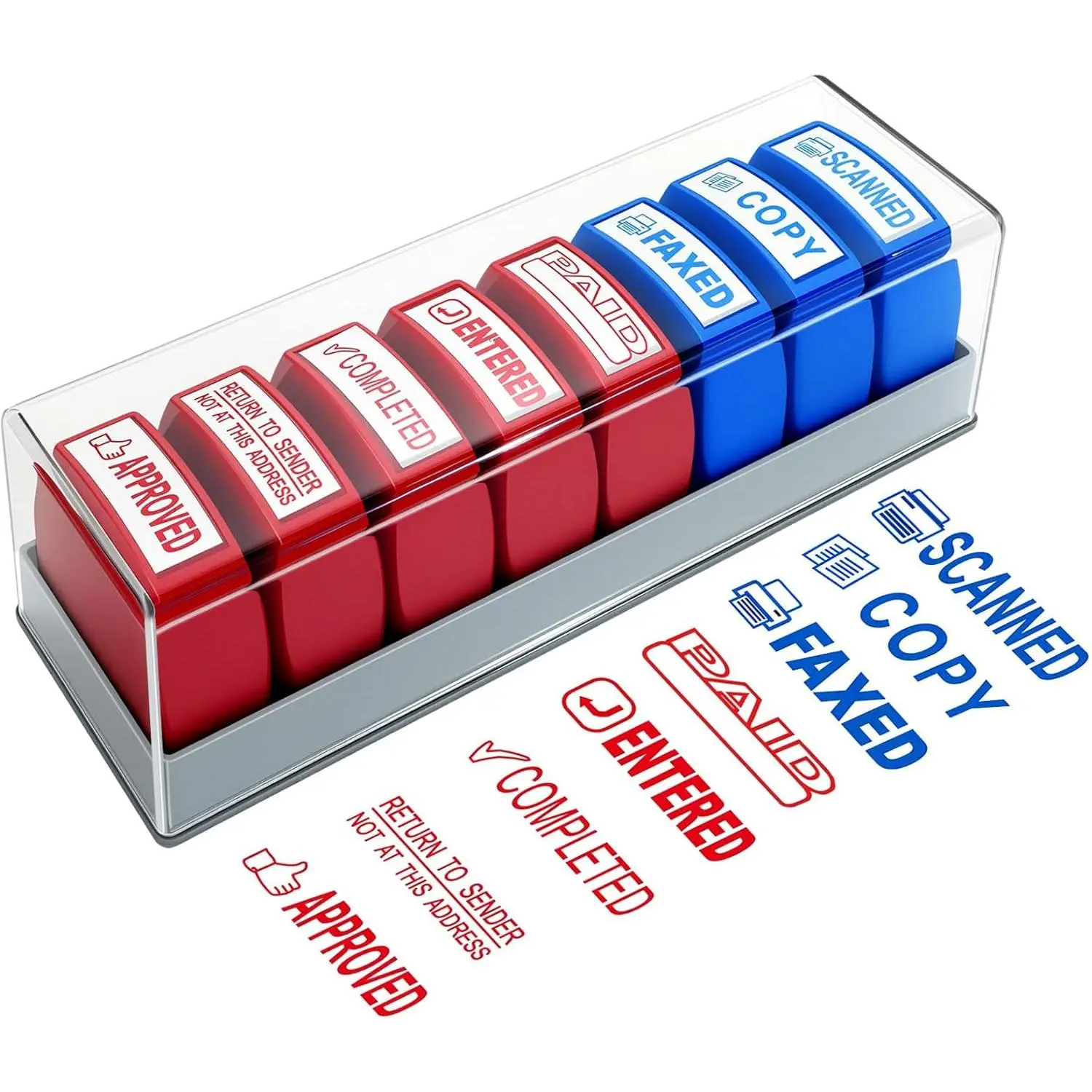 8PCS Office Stamp Set – Paid, Scanned, Approved business stamps with storage tray; rubber stamps with red and blue ink; suitable for accounting, finance, and office staff supplies