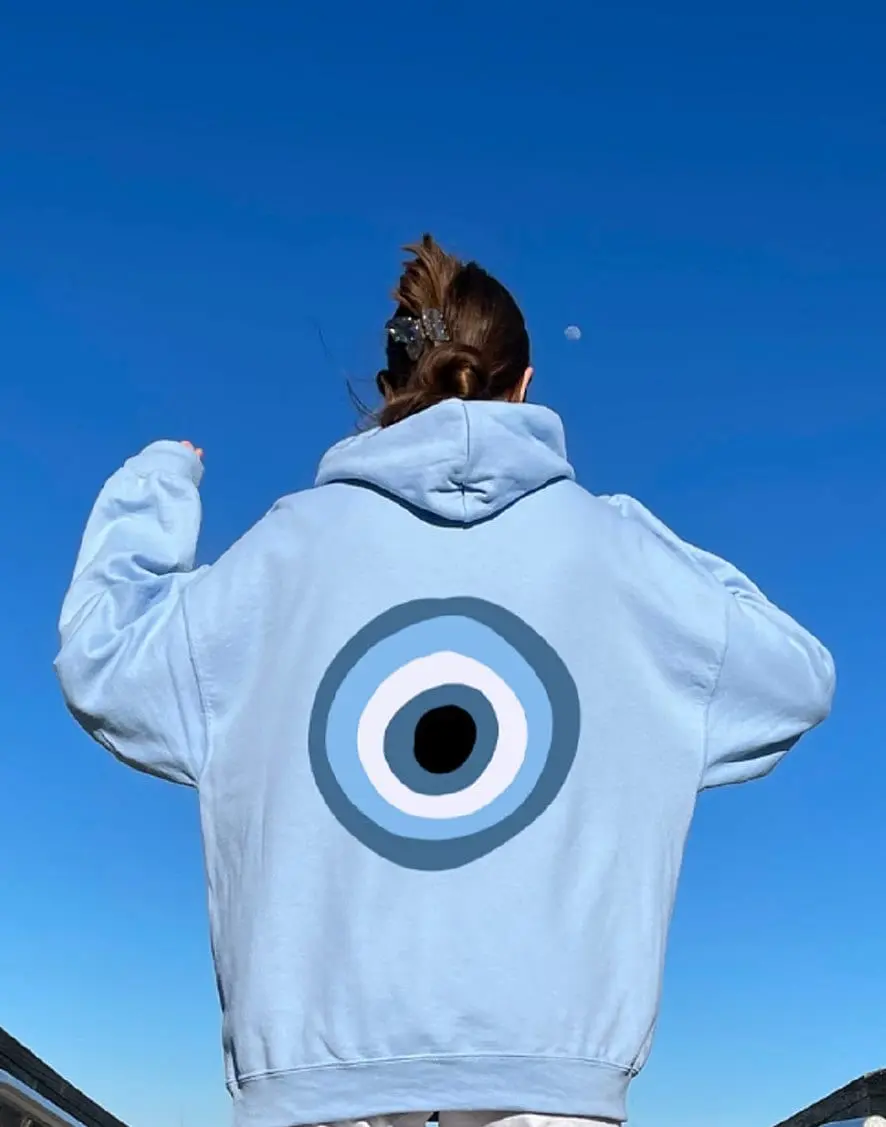 Gildan Women's Soft Ribbed Evil Eye Oversized Hoodie Top, Cotton Spandex-Yarn-Satin Knit Fleece Fabric, Long Sleeves, Pocket, Casual Athletic Fit, Meme-Inspired Gift Option