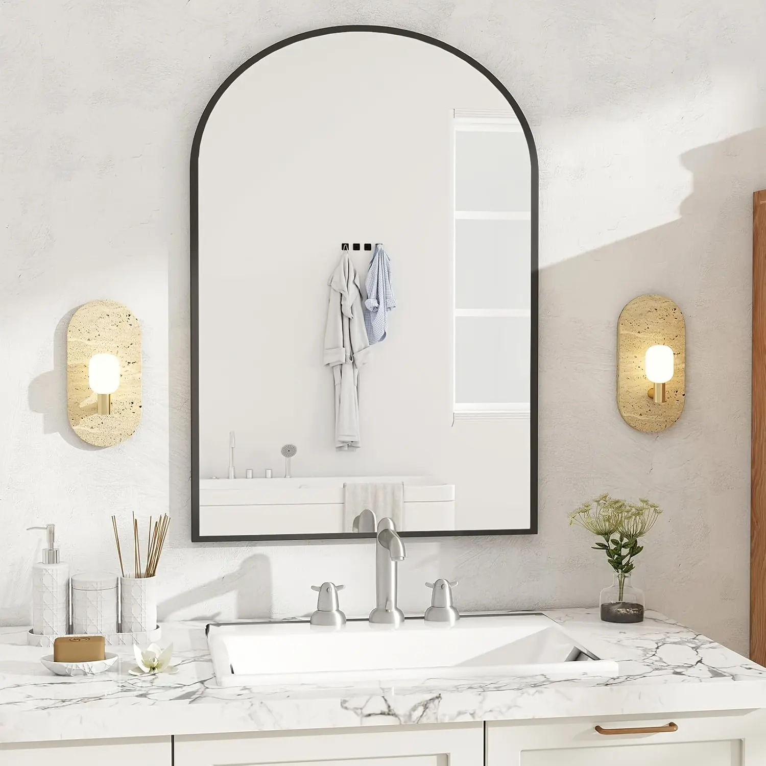 Arch Bathroom Mirror, Wall-Mounted Vanity Mirror, Bathroom Mirror Over Sink with Metal Frame Shatter-Proof, Modern Home Decor Mirror for Bedroom, Living Room