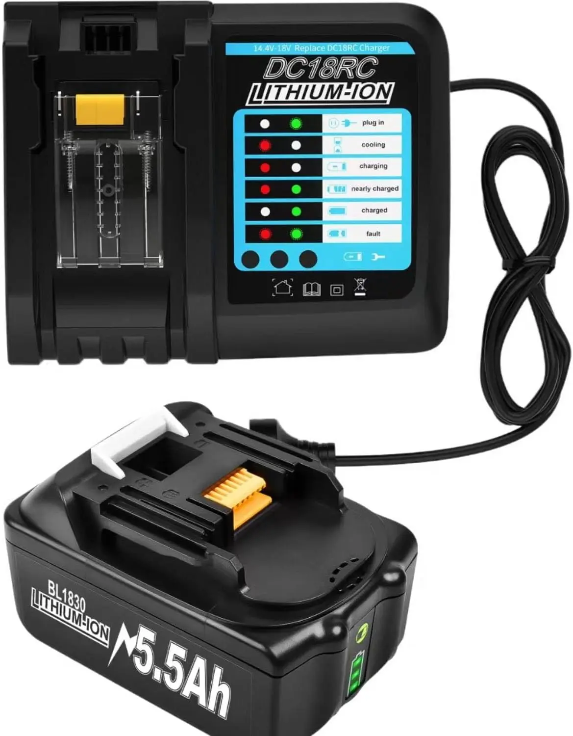 18V 5.5Ah Battery and Charger for Makita BL1850B BL1850 BL1840 BL1830B BL1830 BL1815 194205-3 194309-1 LXT400 Replacement Batteries 5500mAh with LED Indicator