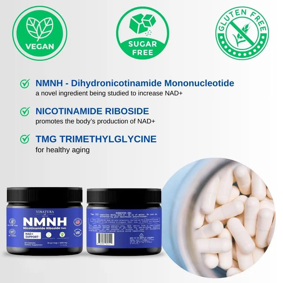 Vinatura NMNH Dihydronicotinamide Mononucleotide & TMG - NAD Supplement for Anti-aging, Vegan, Sugar-Free, Gluten-Free, 1250mg per Serving, Edible Fit