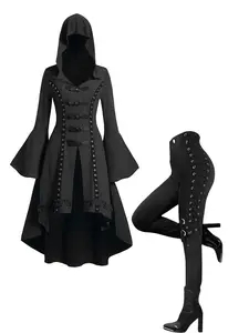 DRESSLILY 2025 Women's Matching Set Grommet Gothic Hooded Top High Low Hem Buckle Flare Sleeve Frilled Top & Grommet Buckle Lace Up Punk Skinny Leggings Outfit