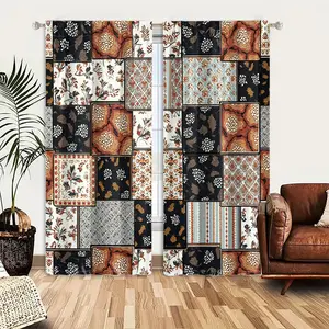 2pcs Window Curtains, A rich patchwork displays diverse patterns including florals, stripes, and geometric grids in black, brown, orange, beige, and white, Window Drapes for Bedroom Living Room, Rod Pocket Window Treatment, Home Decoration Curtain