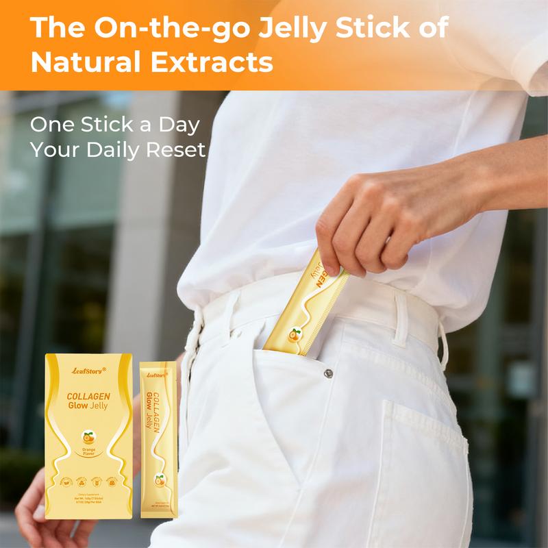 【$9.9 Only】LeafStory Collagen Glow Reset Jelly (7 Sticks): Orange Flavor, Collagen, Chia Seeds, Support Skin Health & Elasticity, Support Hair & Nails, Stress Relief & Nerve Health, Sugar-Free, Gluten-Free, Non-GMO, Gelatin-Free, Natural Ingredients
