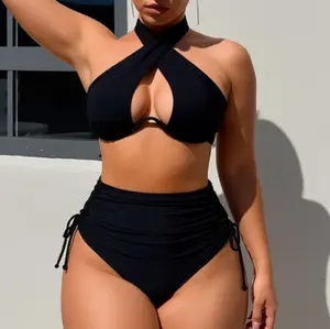 Cross Halter Cutout High Waist Two Piece Swimsuit Wrap halter hollow-out bikini top with tie-back closure, paired with high waisted ruched bottoms featuring adjustable side drawstring detail Summer Vibes