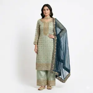 Indian Beautiful Panjabi Suits - Elegant Design with Gold Embroidery and Matching Blue Dupatta