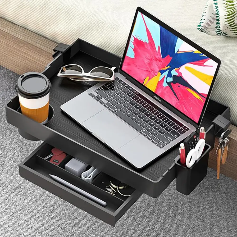SPACEKEEPER Normal-Size Foldable Bedside Table - Home Organizer Storage Rack with Drawer, Bedside Tray, Clips, Shelf Clips, Cord Organizer, Removable Hanging Cup, Quick Installation, 25 lbs Max Load Capacity (For University Dorms, Homes)
