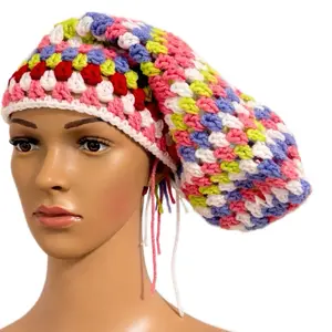 Cotton Candy Slouchy Crochet Hat - Multicolor Handmade Knit Beanie with Drawstrings for Women