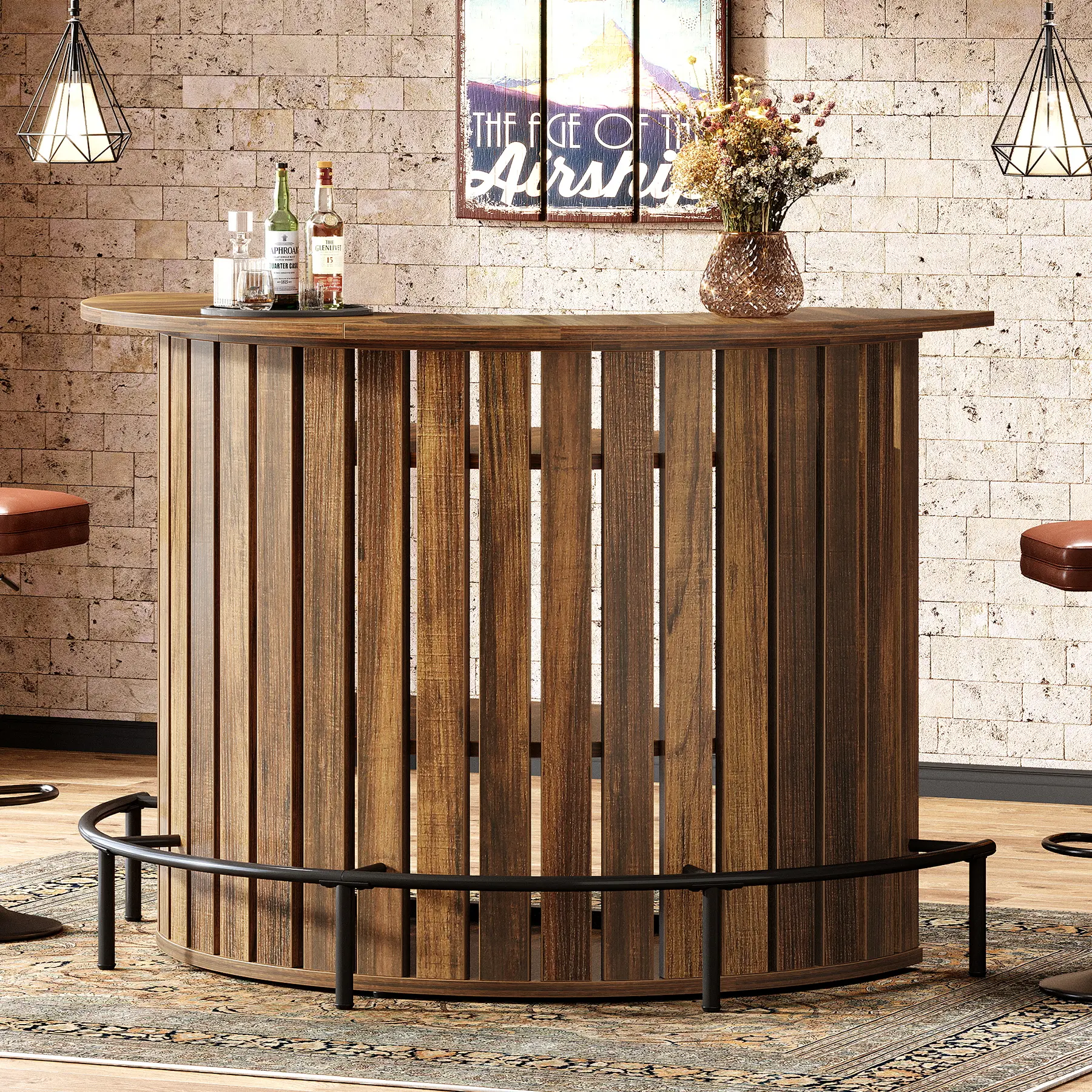 LITTLE TREE 4-Tier Bar Table, 39.4" H Home Bar Unit with Footrest, Arc-Shaped Mini Bar Table, Modern Wine Bar Cabinet for Home Pub, Living Room
