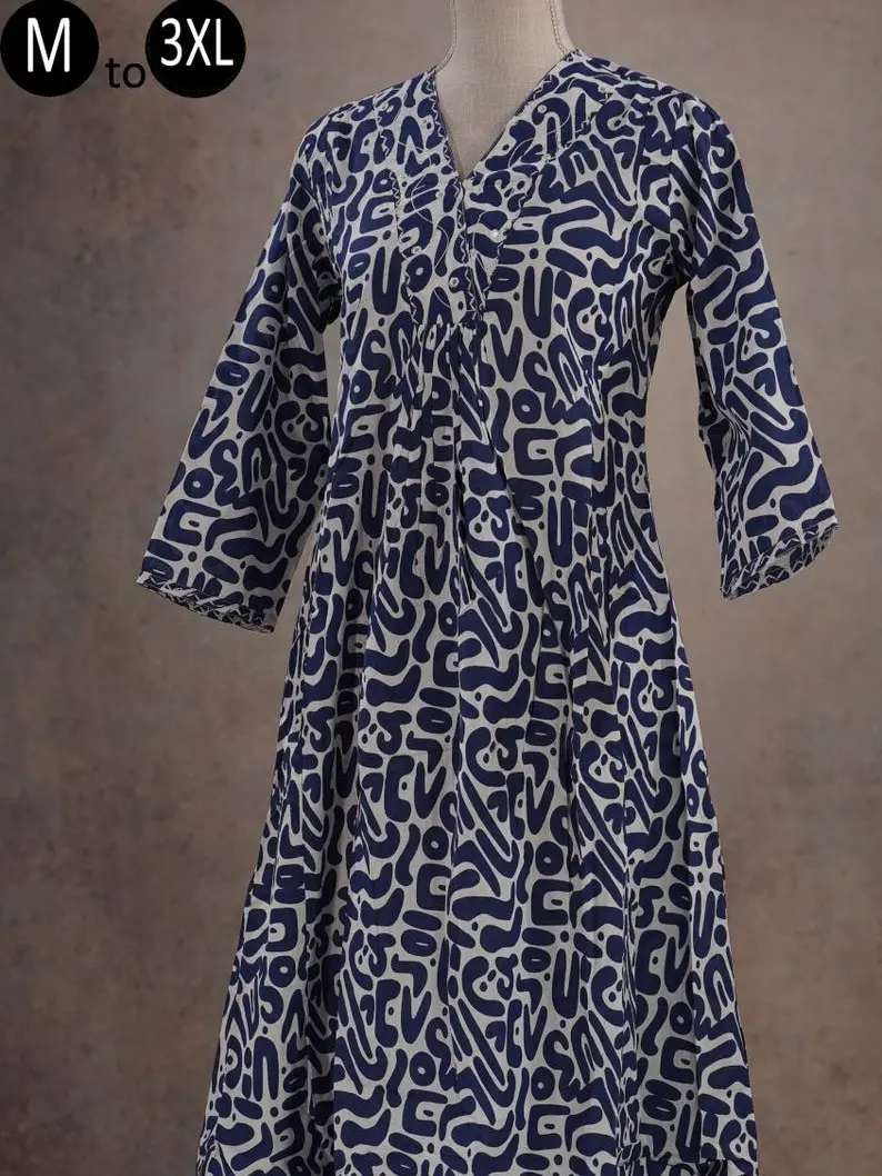 Blue White Cotton Coords Abstract Print A-Line Kurta Palazzo Indian Ethnic Summer Wear for Women Kurta Casual Girls Indian Pakistani woman