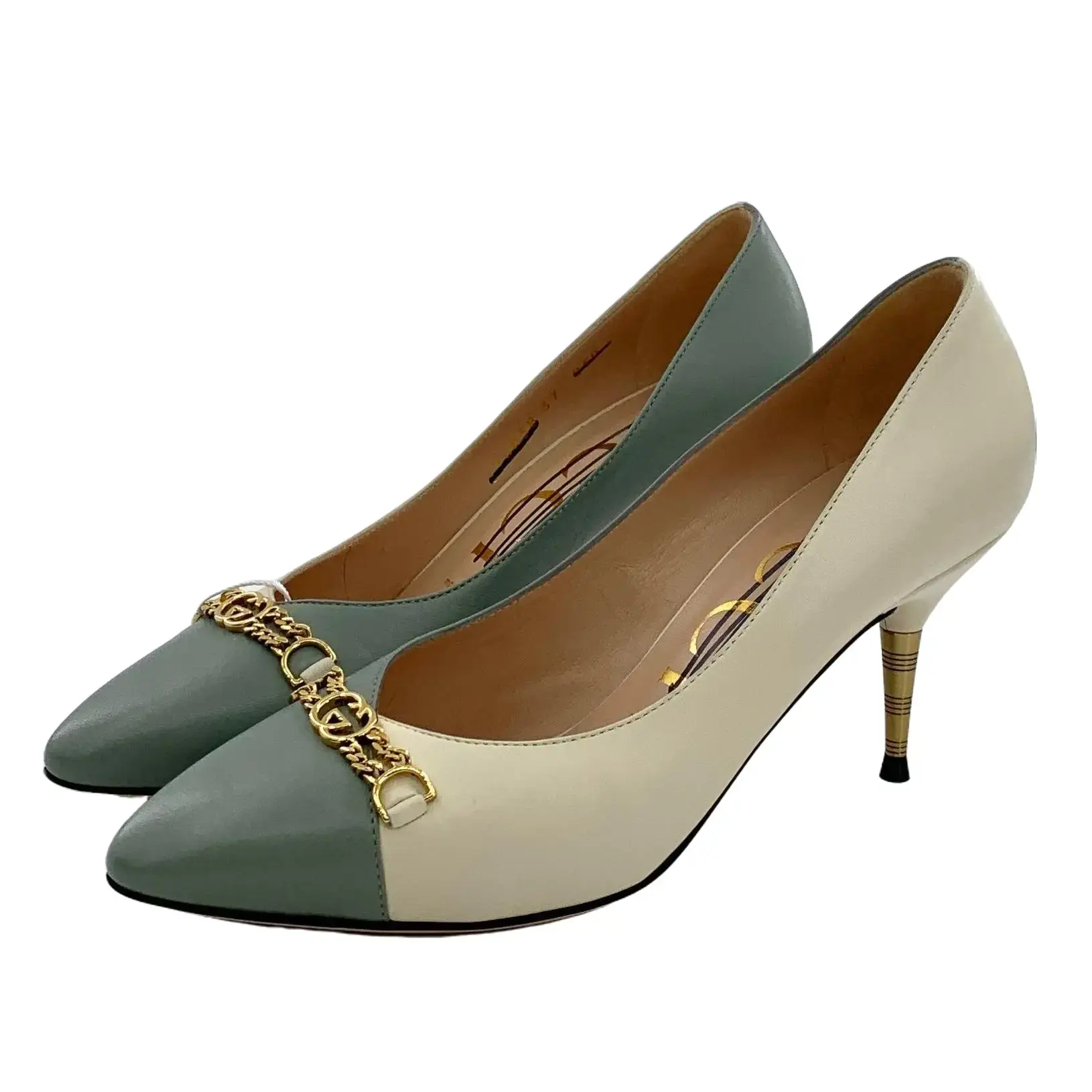 RDLT-Gucci Size 37 Color-block Interlocking G Chain Decor Pointed-Toe Stiletto Heels-X36769