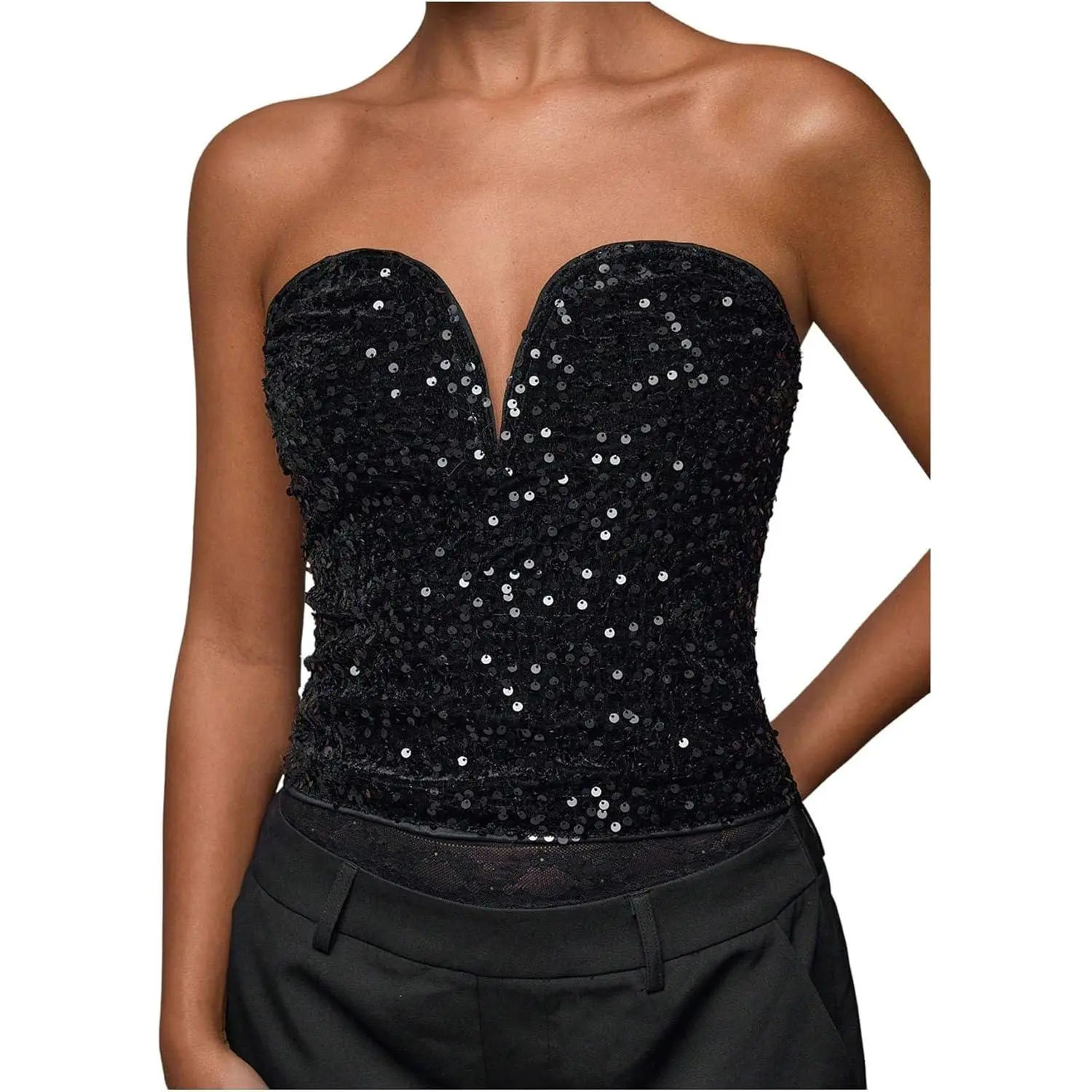 Women's Sleeveless Sequin Strapless Tube Top - Sparkly Open Back Going Out Party Top, Black, Medium (Indoor Recreation Leisure Wear)