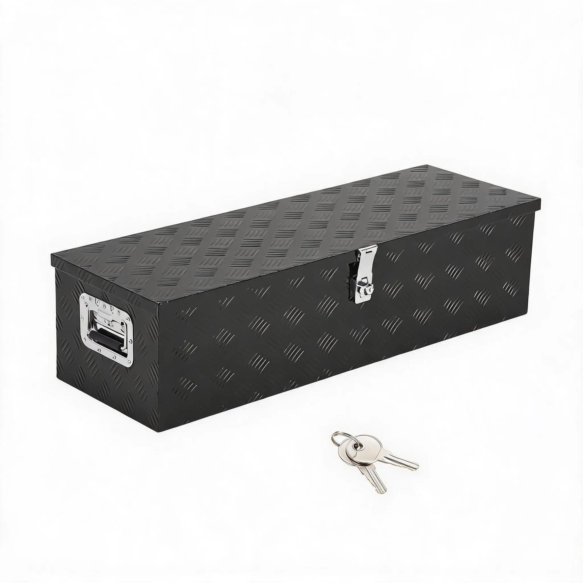 Heavy Duty Aluminum Truck Bed Tool Box – 30/39/48 Inch Diamond Plate Lockable Storage Organizer – Portable, Side Handles – For Pickup Trucks, Trailers, RVs, Flatbeds – Black/Silver – Includes Chain & Lock