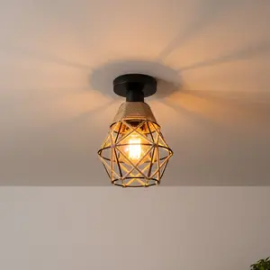 Industrial Vintage Semi-Embedded Ceiling Light, E27 Pendant Lamp with Jute Rope and Metal Cage Design, Hanging Light for Kitchen Bedroom Hallway Living Room, Ideal for Kitchens