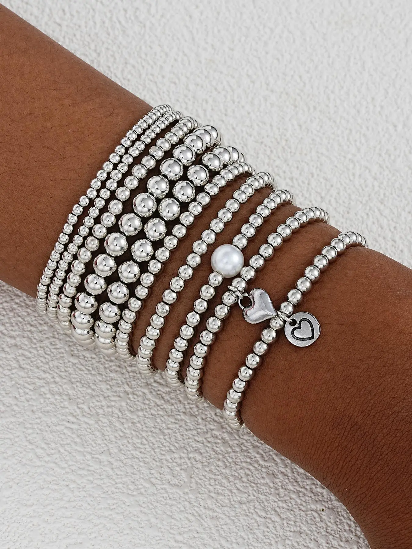 Women's Elegant CCB Beaded Bracelet Set, 10pcs/set Faux Pearl & Heart Decor Beaded Bracelets, Fashionable Jewelry for Women & Girls for Daily & Party Decoration, Bracelets Stacking, Elegant Bangle, Stackable Bracelets, Fashionable Bracelet Style