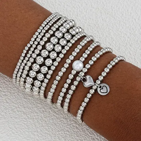 Women's Elegant CCB Beaded Bracelet Set, 10pcs/set Faux Pearl & Heart Decor Beaded Bracelets, Fashionable Jewelry for Women & Girls for Daily & Party Decoration, Bracelets Stacking, Elegant Bangle, Stackable Bracelets, Fashionable Bracelet Style